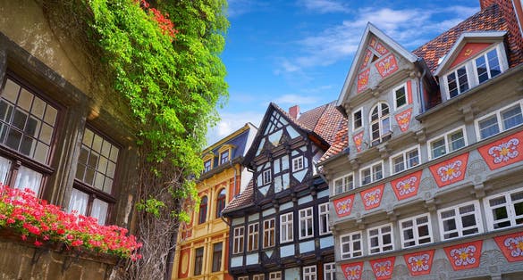 photo of view of Quedlinburg city facades in Harz of Saxony Anhalt Germany.