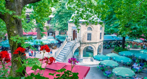 Photo of panoramic view of courtyard of historical Koza Han (Silk Bazaar) in Bursa, Turkey.