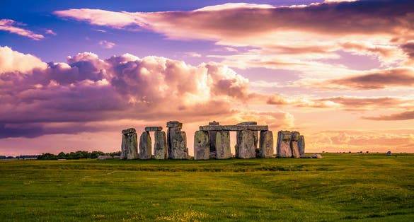 Stonehenge at sunset in England.