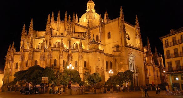Photo of Cathedral in Segovia (Spain) at night from Plaza Mayor square.