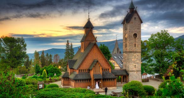 Beautiful Vang Stave Church in karpacz at sunset, Poland