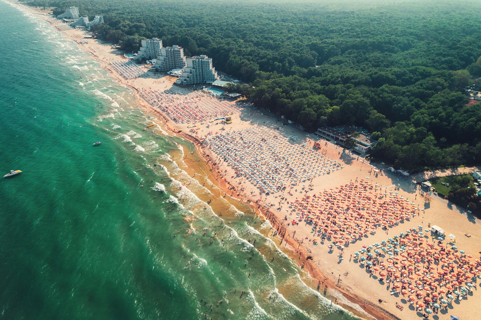 photo of view of Aerial drone view of Albena sandy beach resort, Bulgaria. Summer tourism.,Obrochishte Bulgaria.