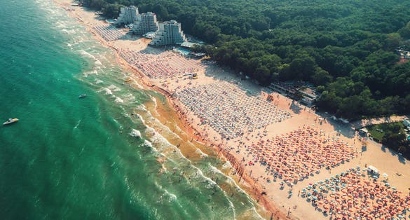 photo of view of Aerial drone view of Albena sandy beach resort, Bulgaria. Summer tourism.,Obrochishte Bulgaria.