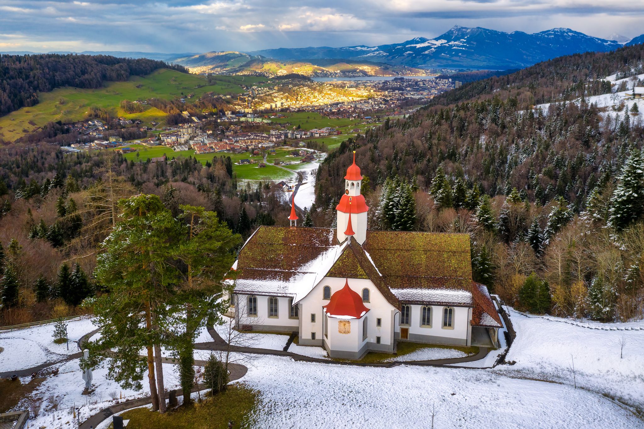 Hergiswald church in swiss Alps mountains, high above Lucerne city, is an important historical pilgrimage destination in Switzerland