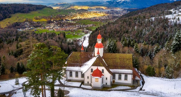 Hergiswald church in swiss Alps mountains, high above Lucerne city, is an important historical pilgrimage destination in Switzerland