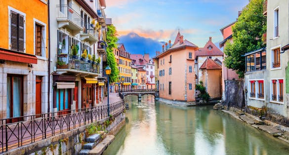 Annecy, Haute Savoie, France. The castle on an island (Palais de l'Isle) and Thiou river.