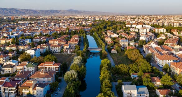 Aerial view of Eskişehir,TURKEY.River and streets in Eskişehir.Aerial
