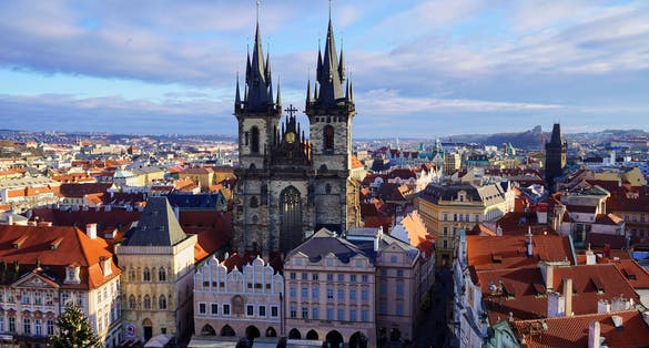 Photo of aerial view of Church of Our Lady before Týn in Old Town Square in Prague, Czech Republic.