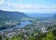 Beautiful landscape of the Drammen city with river and the mountains in Norway. Blue sky background.