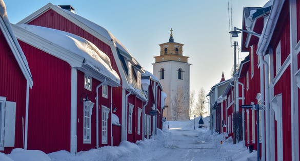 Rows with red huts in Gammelstad church town located near the Swedish town Lulea. 