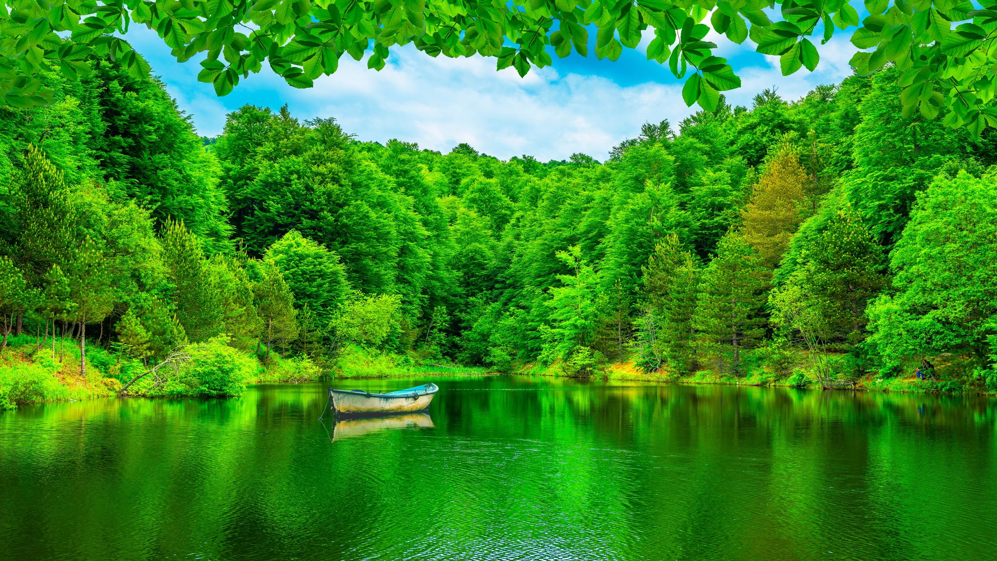 photo of lake view in spring, boat on the lake in the forest in Uludag mountain national park, Bursa, Turkey.
