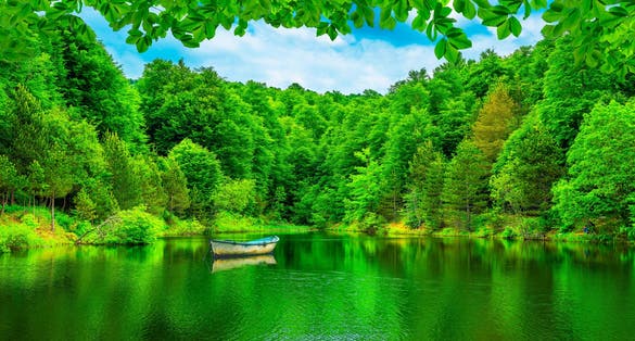 photo of lake view in spring, boat on the lake in the forest in Uludag mountain national park, Bursa, Turkey.