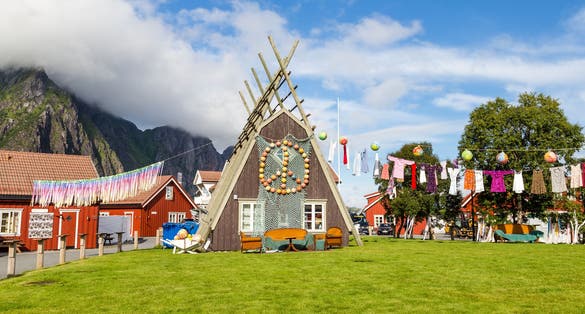 Decorated rorbu or fisherman's house in Svolvaer Lofoten Islands in Norway.