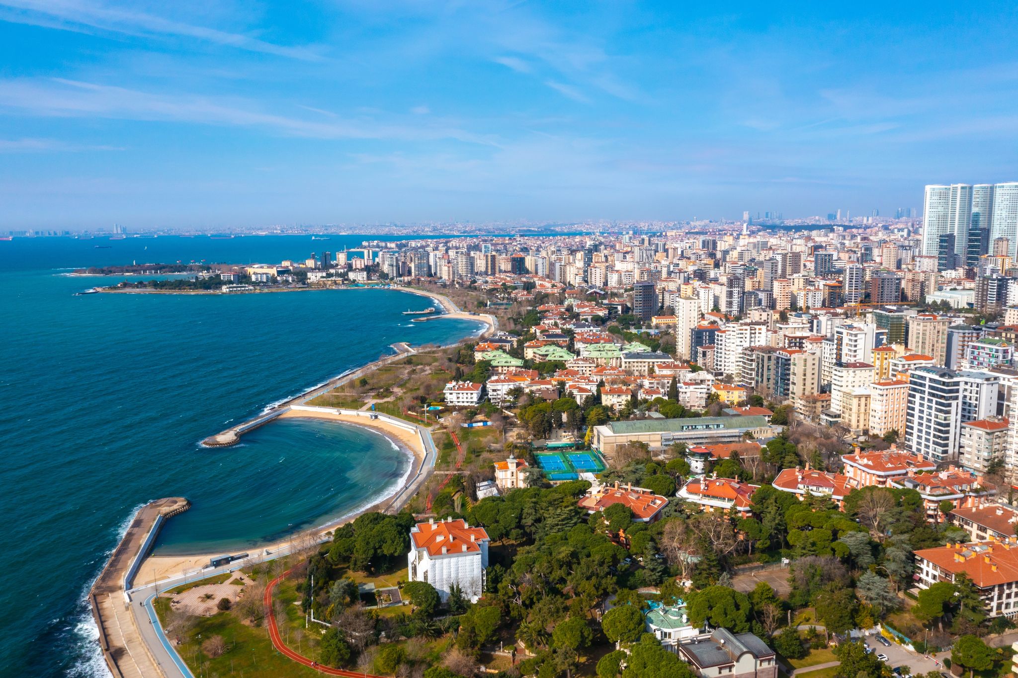 Aerial view from Moda Yogurtcu Park neighborhoods of Kadikoy, a large, populous, and cosmopolitan district in the Asian side of Istanbul, Turkey.