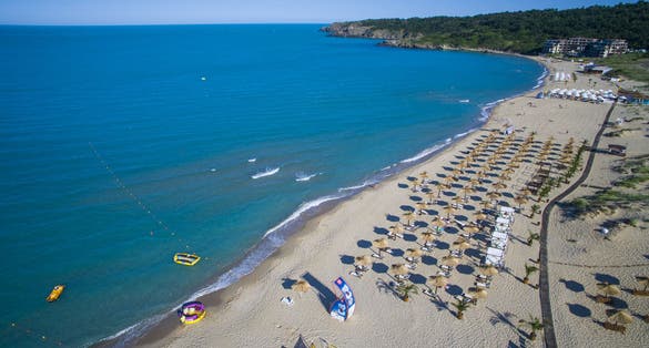 Photo of aerial view of beautiful beach in south of Sozopol, Bulgaria.
