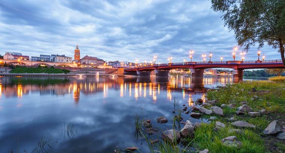 Beautiful evening panorama of Gorzow Wielkopolski with blue sky, Poland