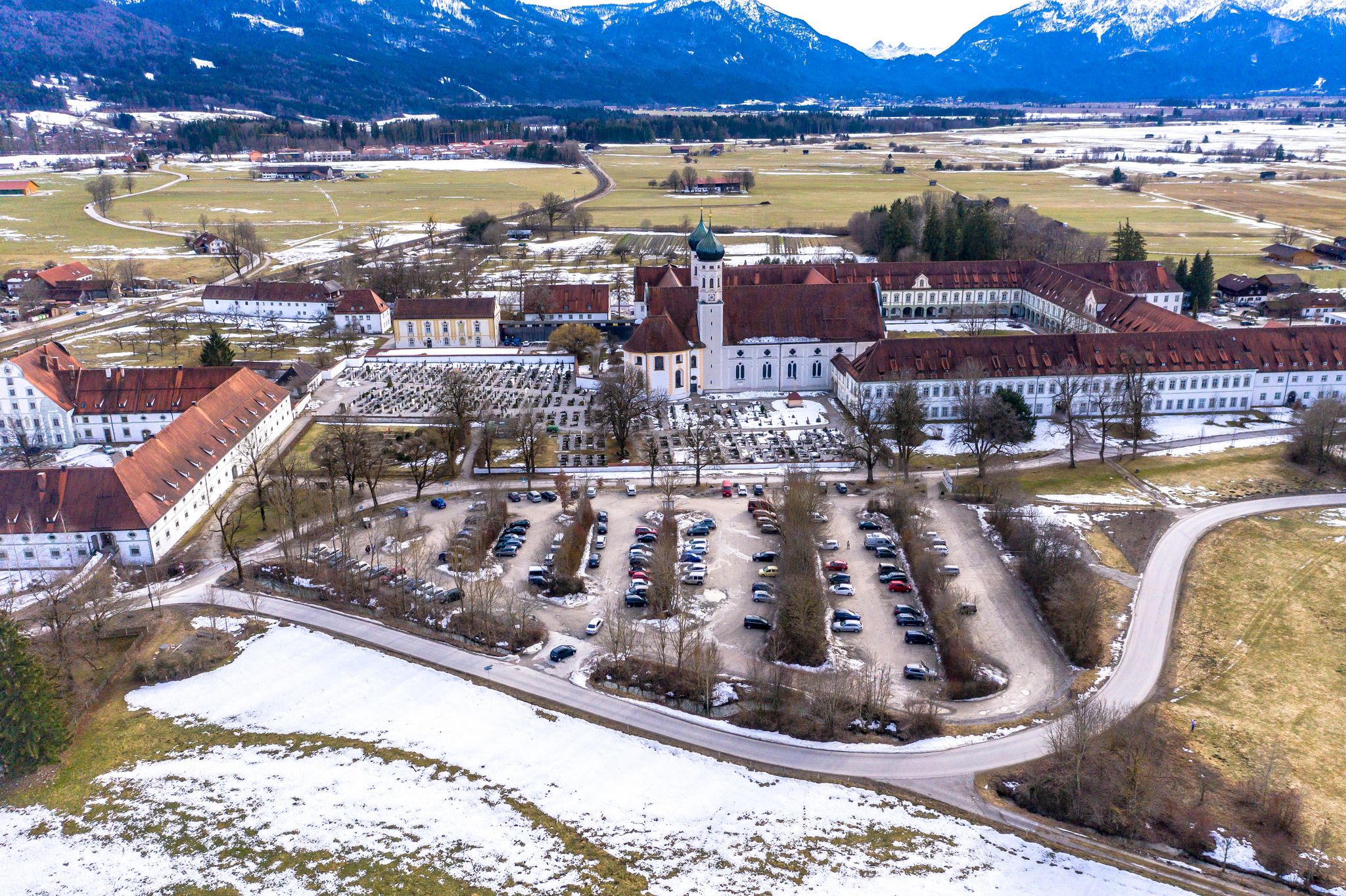photo of view of Monastery Church of St. Benedict and Monastery Benediktbeuren, former Benedictine Abbey, Bad Tölz-Wolfratshausen district, Bavaria, Germany