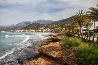 Seashore of Stalida village in Crete at early spring 