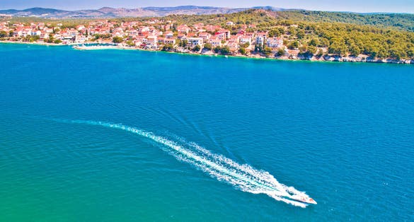 Photo of Brodarica village on Adriatic sea aerial waterfront view, Sibenik archipelago of Dalmatia, Croatia.
