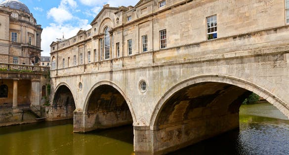 Photo of a close up of the Pulteney Bridge on River Avon in Bath, England.