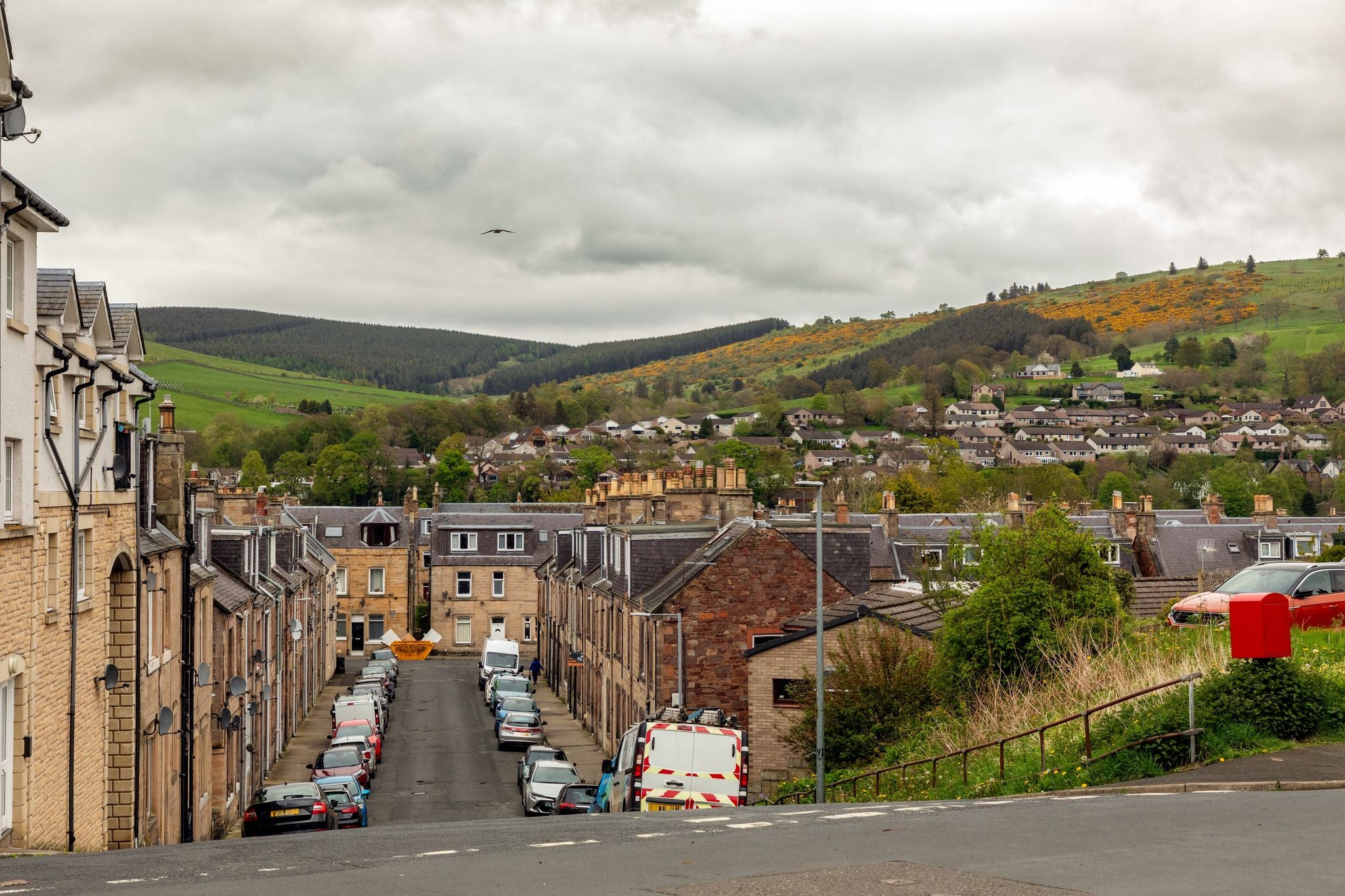 Photo of aerial view of central Galashiels in the Borders area of Scotland.