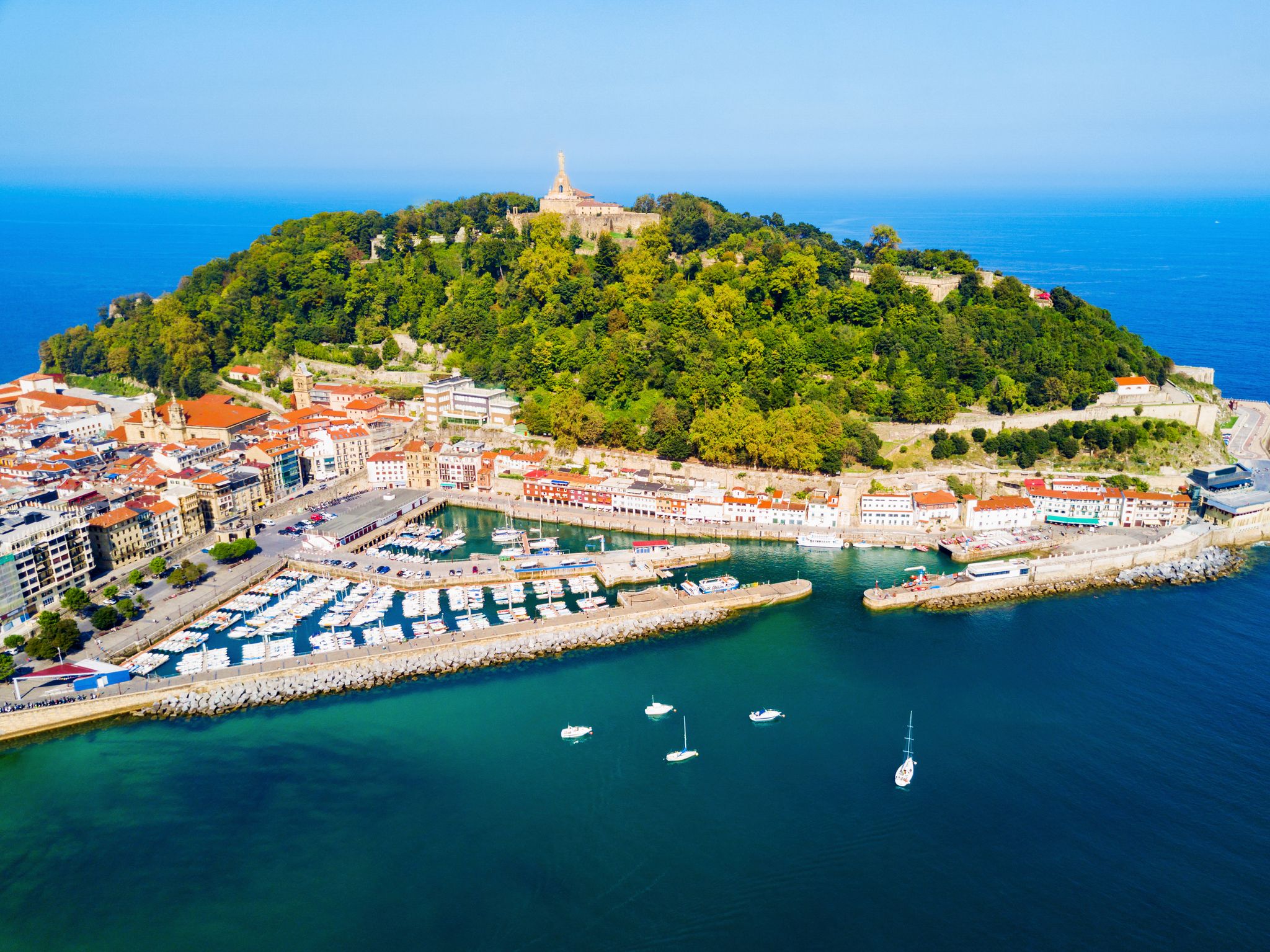 Monte Urgull mountain and port aerial panoramic view in San Sebastian or Donostia city in Spain.