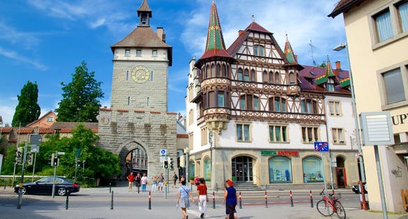 View of the Schnetztor gate ad a traditional style ancient house Friedichshafen,Germany.