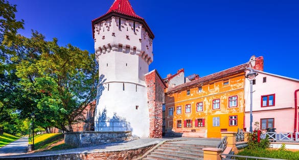 Sibiu, Romania. Medieval Carpenters Tower in downtown of the largest saxon city of Transylvania