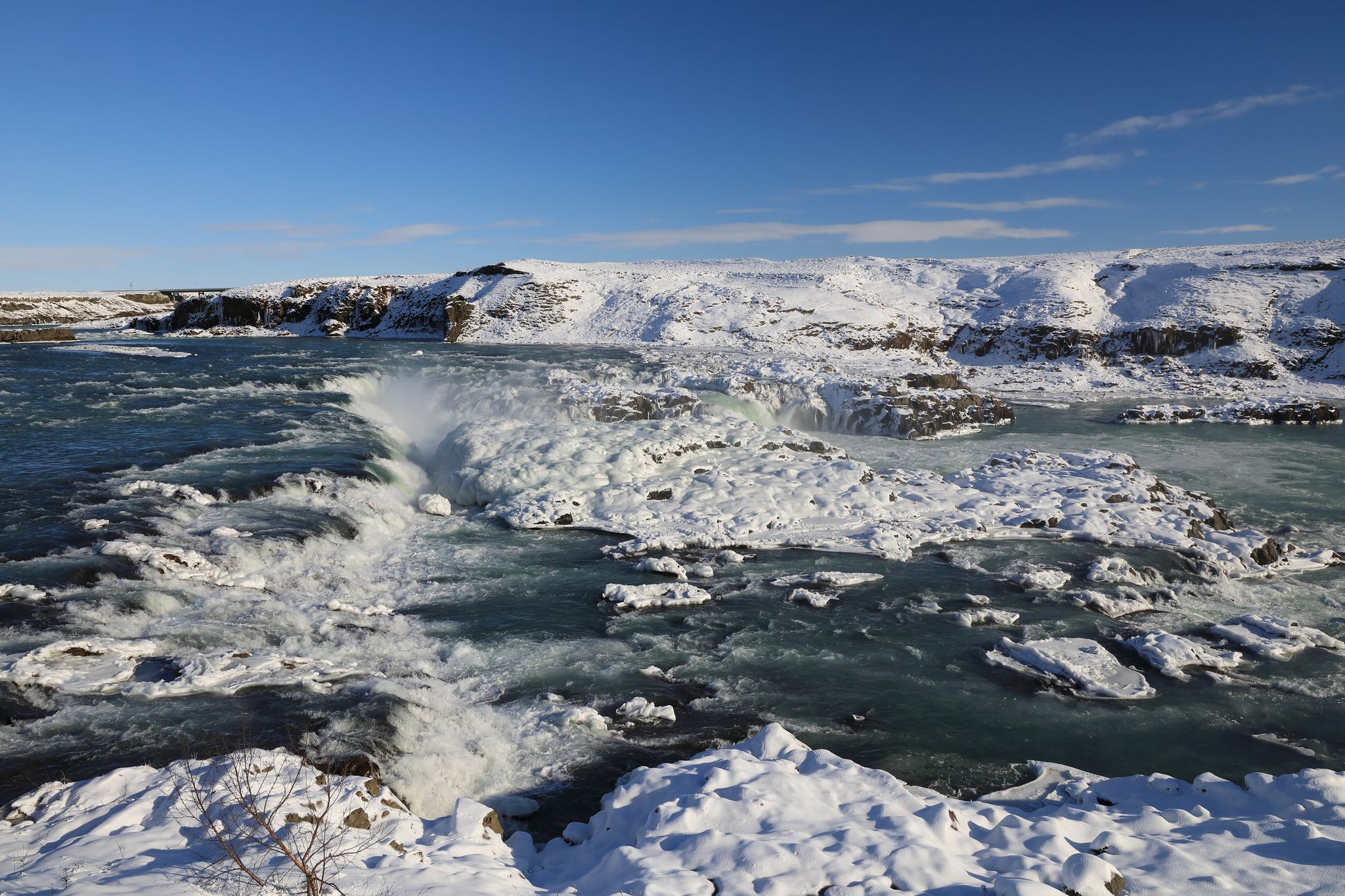photo of Urriðafoss in winter, Selfoss, Southern Region, Iceland.