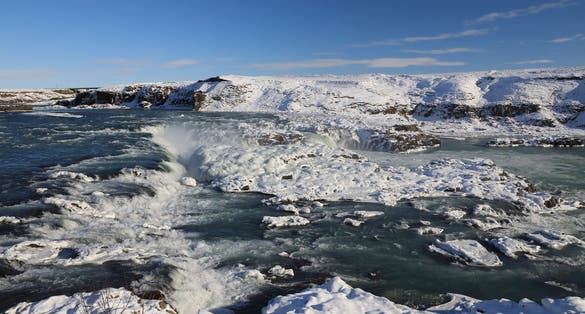 photo of Urriðafoss in winter, Selfoss, Southern Region, Iceland.