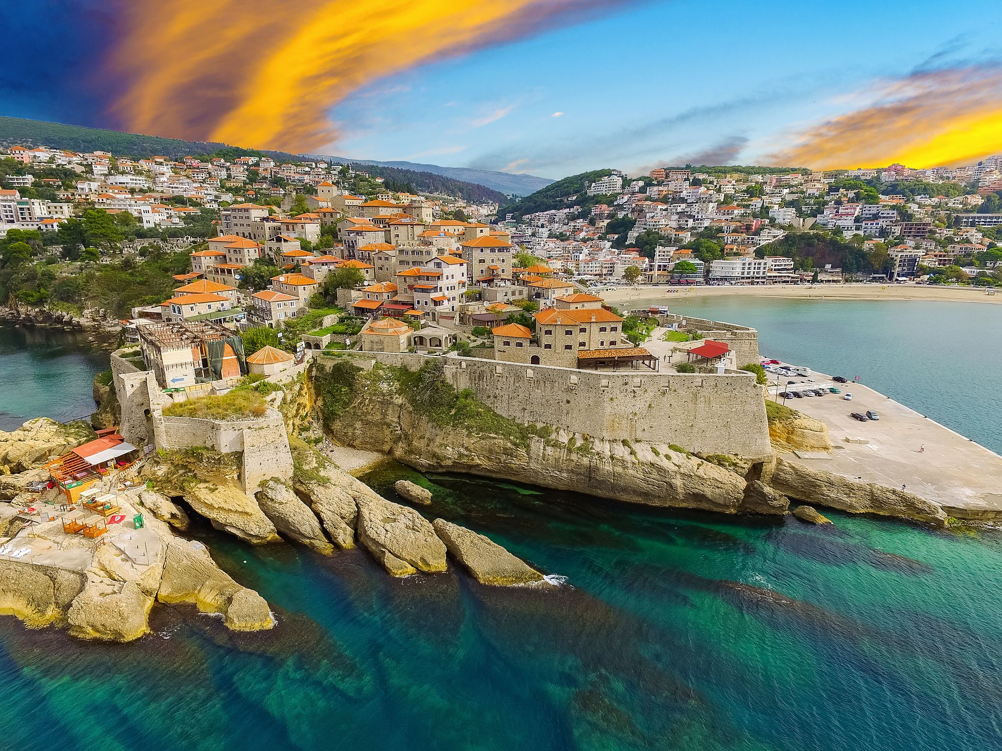 Photo of aerial view of Ulcinj, famous resort town in Montenegro.