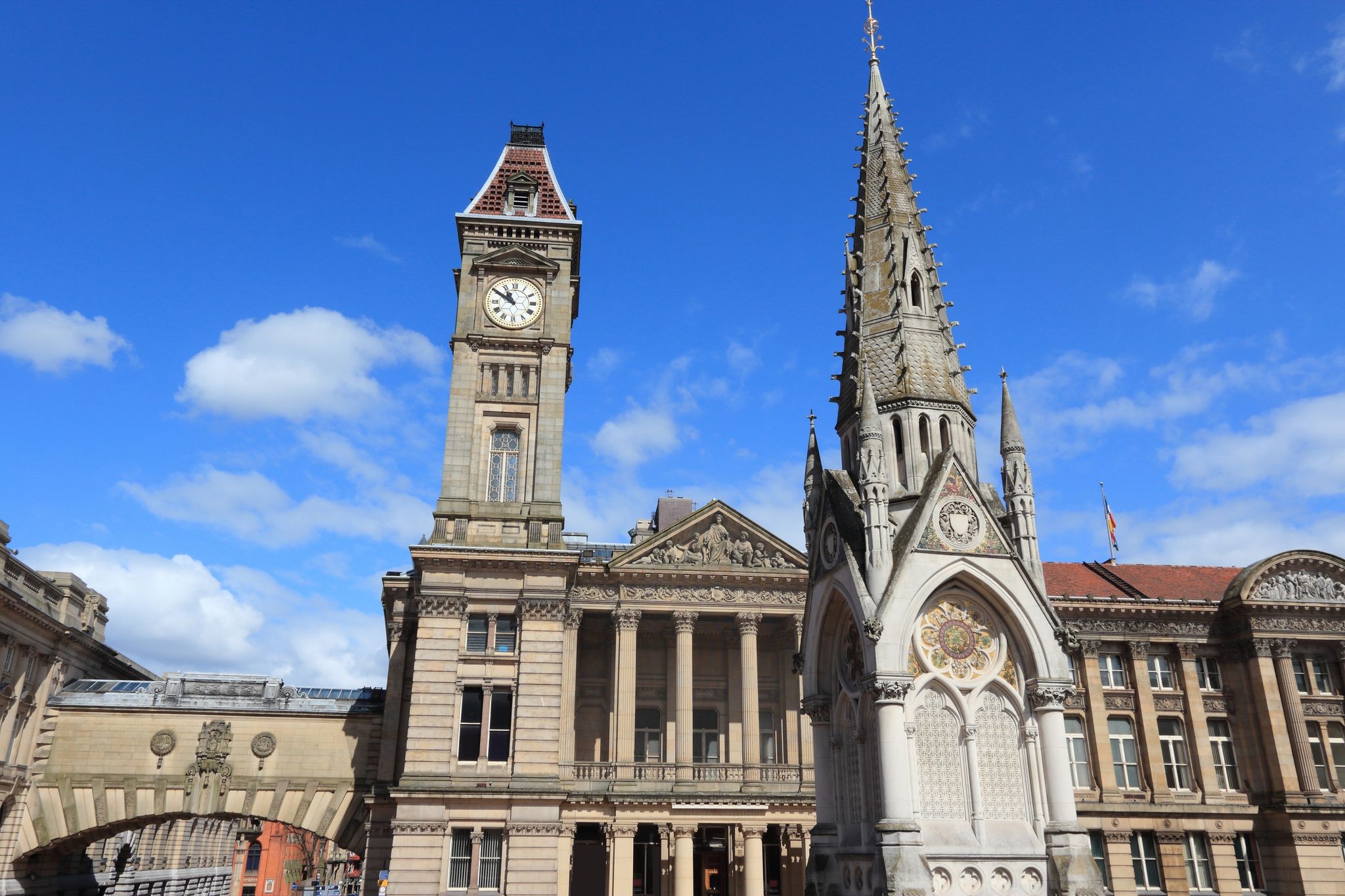 Photo of Albert Memorial and Birmingham Museum and Art Gallery with famous Big Brum clock tower, Birmingham, England.