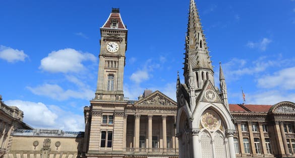 Photo of Albert Memorial and Birmingham Museum and Art Gallery with famous Big Brum clock tower, Birmingham, England.
