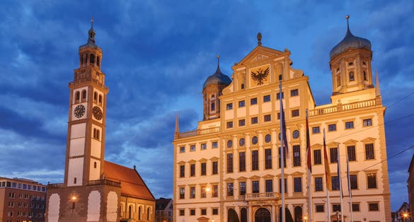 photo of view  of Perlach Tower (Perlachturm) and Town Hall (Augsburger Rathaus) at Rathausplatz Augsburg Swabia Bavaria Germany