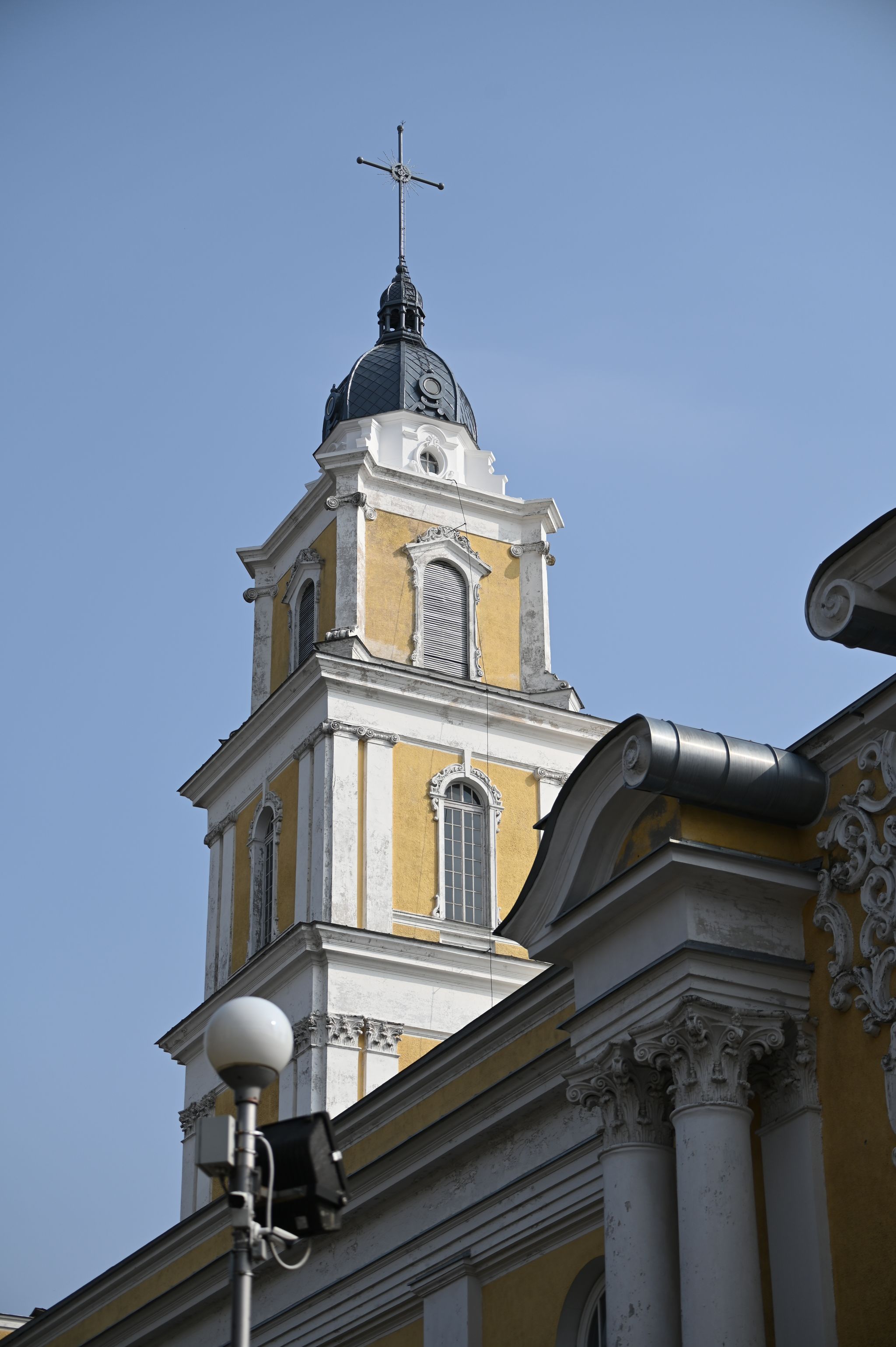 Lithuania, Panevėžys, Catholic Cathedral, fragment of the facade with a tower.
