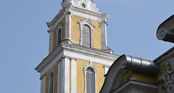 Lithuania, Panevėžys, Catholic Cathedral, fragment of the facade with a tower.