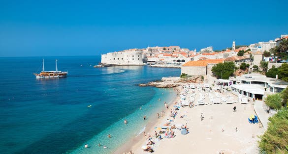 Photo of panoramic aerial view on the beautiful beach in Dubrovnik, Croatia.