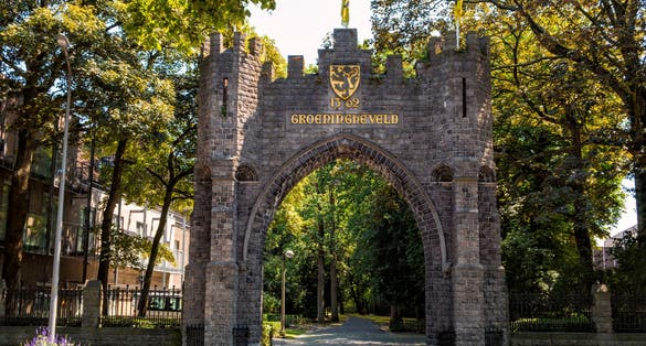 Groeningegate, a triumphal arch (1906) at the former Groeningefield where the Battle of the Golden Spurs (Guldensporenslag) was fought July 11 1302. Kortrijk, Flanders, Belgium
