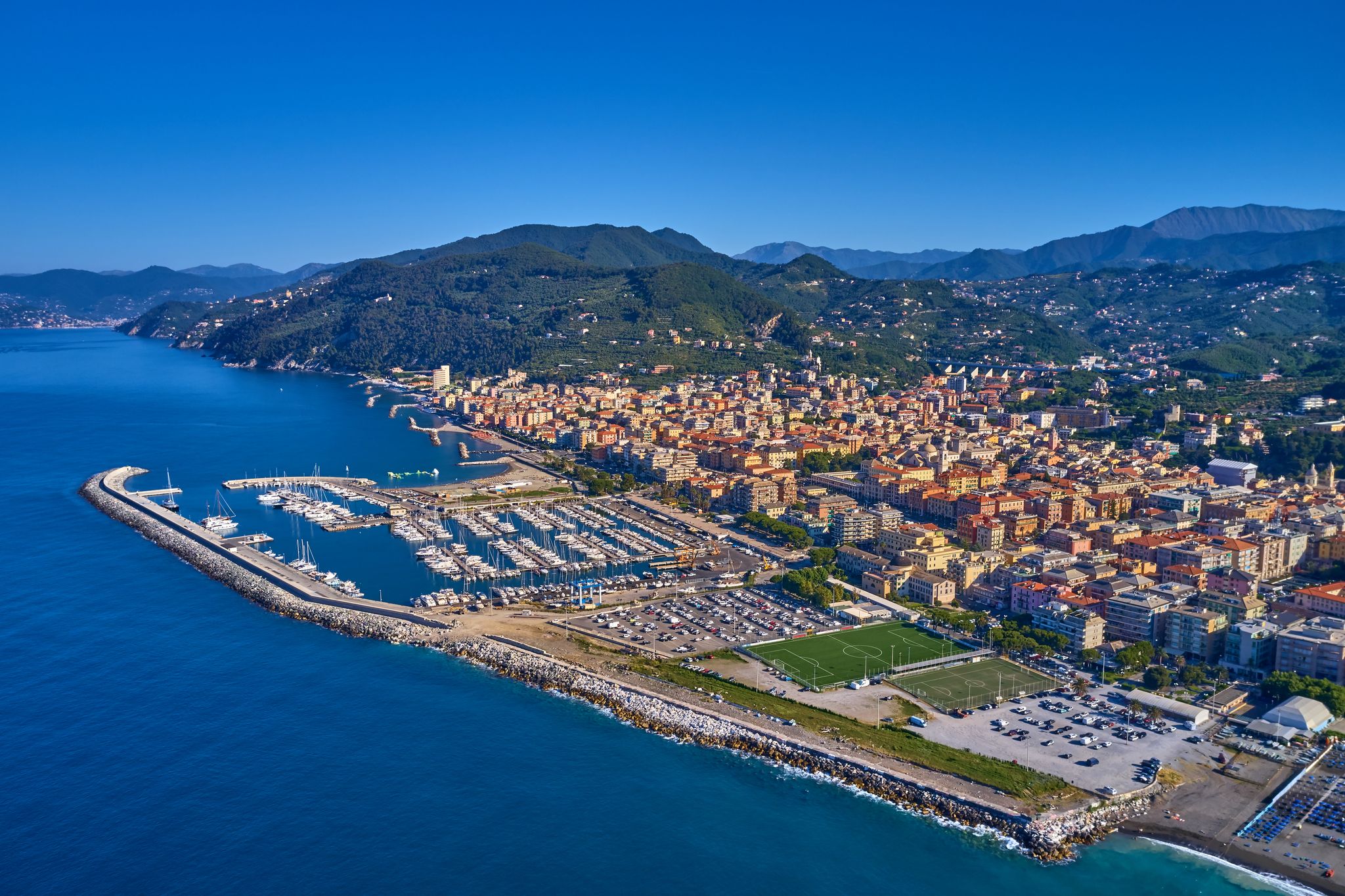 Aerial photography with drone. The resort town of Chiavari Genoa, Italy.