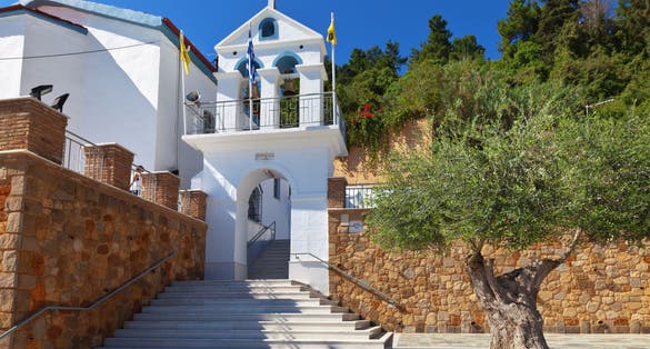 Photo of Greece. Old olive tree at the entrance to the church of St. Nicholas in the port town of Katakolon (Olympia).