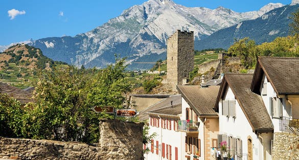 Photo of old city street and Majorie Castle in Sion, Canton Valais, Switzerland.