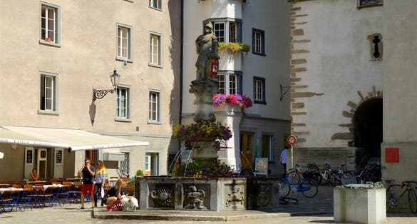 Chur, Switzerland - Chur city center with colorful buildings and a fountain