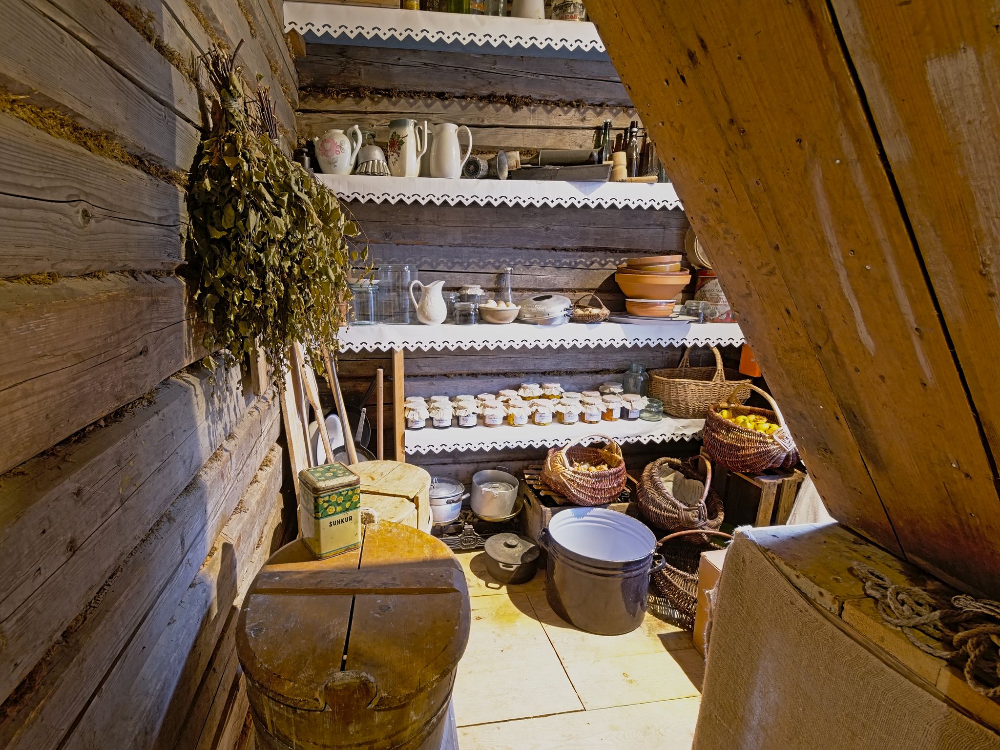 Photo of Pantry of a historical woden house in the Estonian open air museum, Tallinn, Estonia.