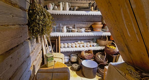 Photo of Pantry of a historical woden house in the Estonian open air museum, Tallinn, Estonia.