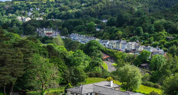 View from the hillside above the village of Laxey in the Isle of Man.