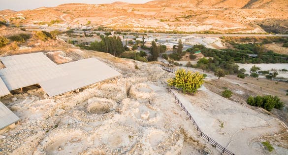 Photo of aerial bird's eye view of  Choirokoitia, Larnaca, Cyprus.