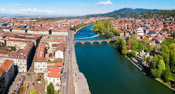 The Po river aerial panoramic view in the centre of Turin city, Piedmont region of Italy.