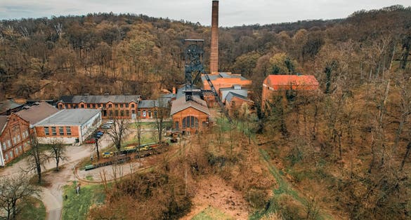 Photo of aerial view of historic coal mine and mining museum in Landek Park, Ostrava, Czech Republic.