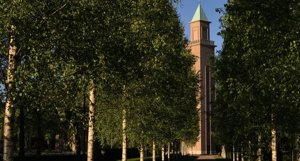 Photo of Chapel tower in the Hietaniemi cemetery in Helsinki, Finland.