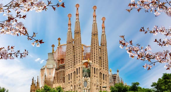 Photo of Sagrada Familia cathedral in spring, Barcelona, Spain.